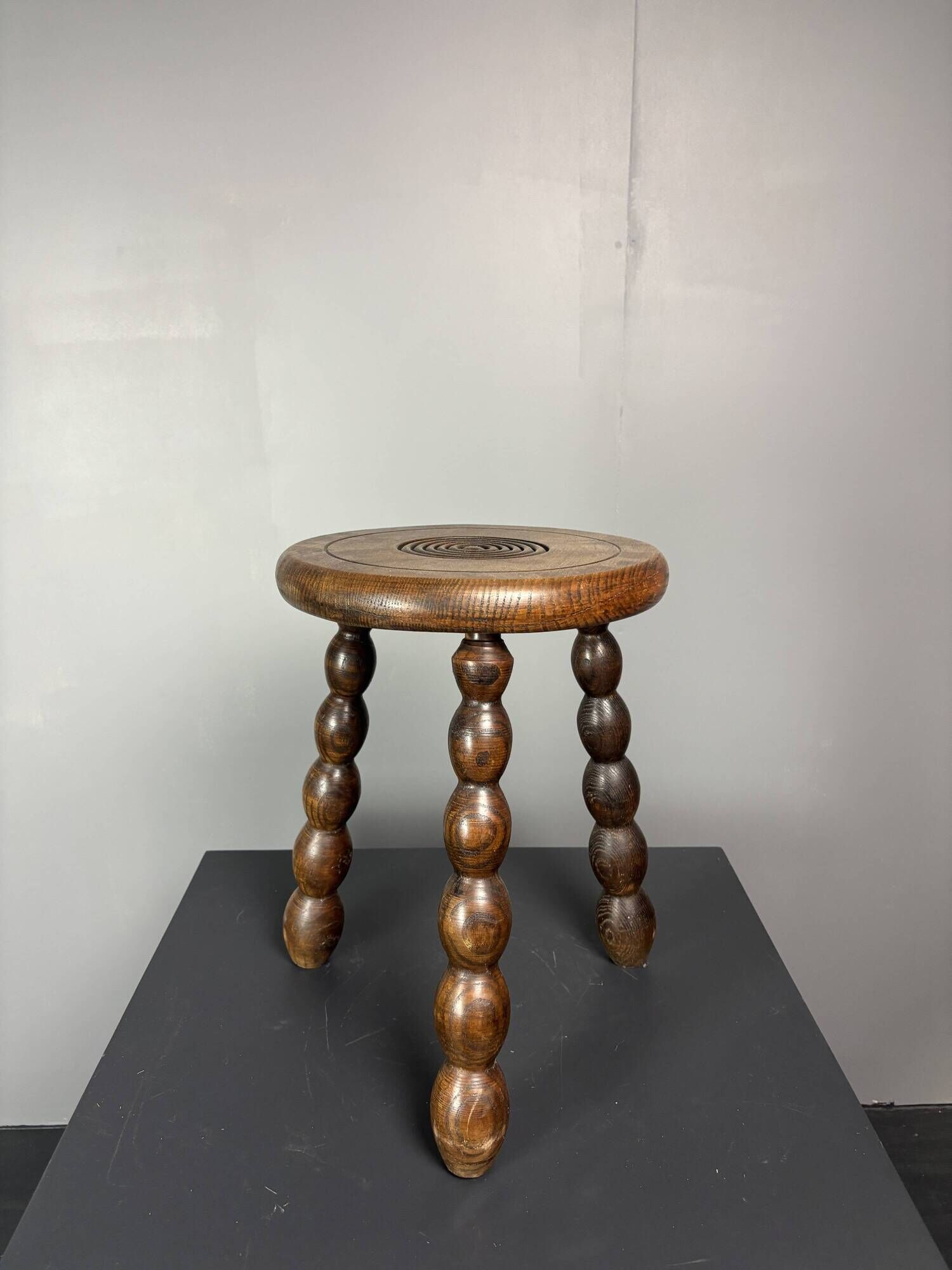 Midcentury bobbin wood turned stool, Charles Dudouyt style, France, 1950s