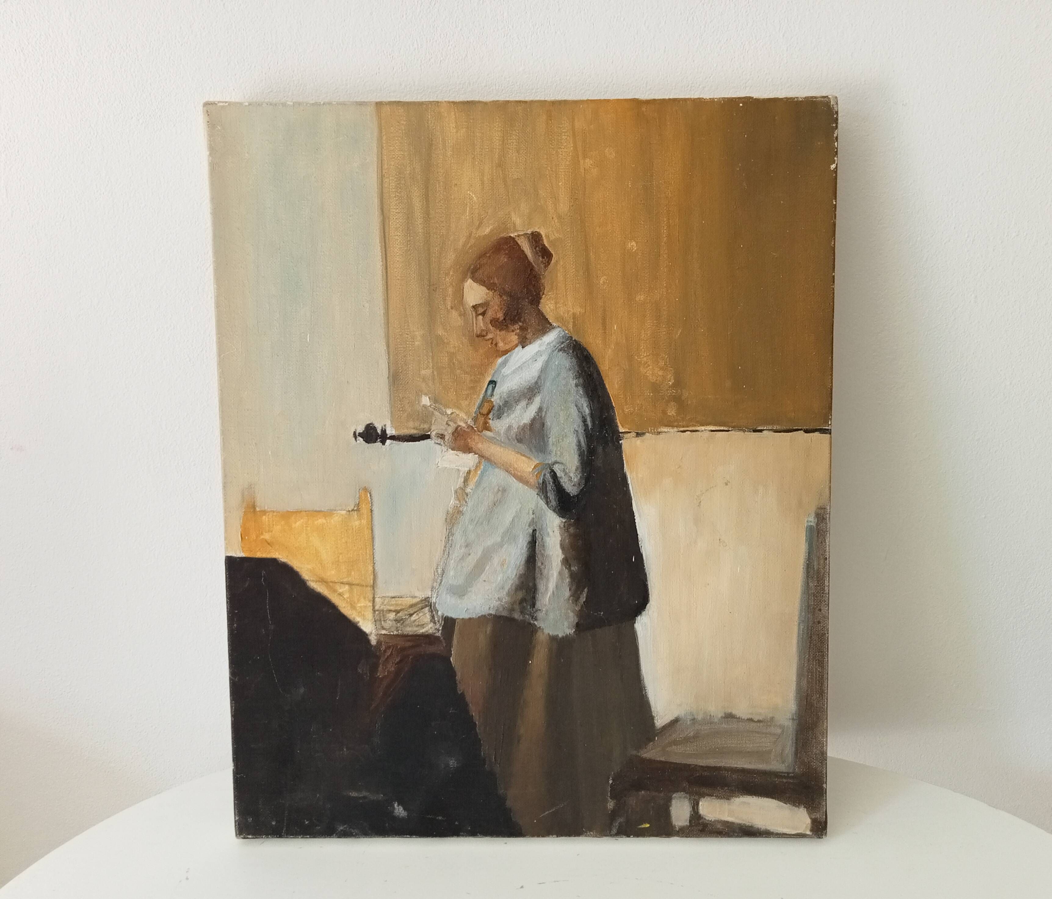 Oil on canvas "Woman in Blue Reading a Letter" after Vermeer
