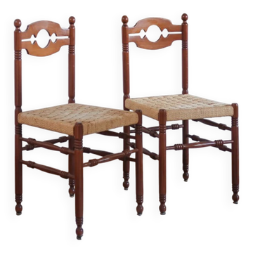 2 vintage rustic turned wooden chairs, 1970s