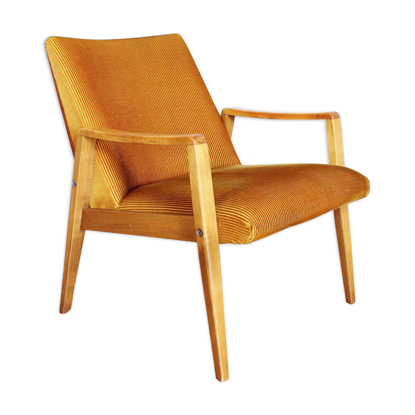 Scandinavian-designed chair in solid beech and mustard velvet