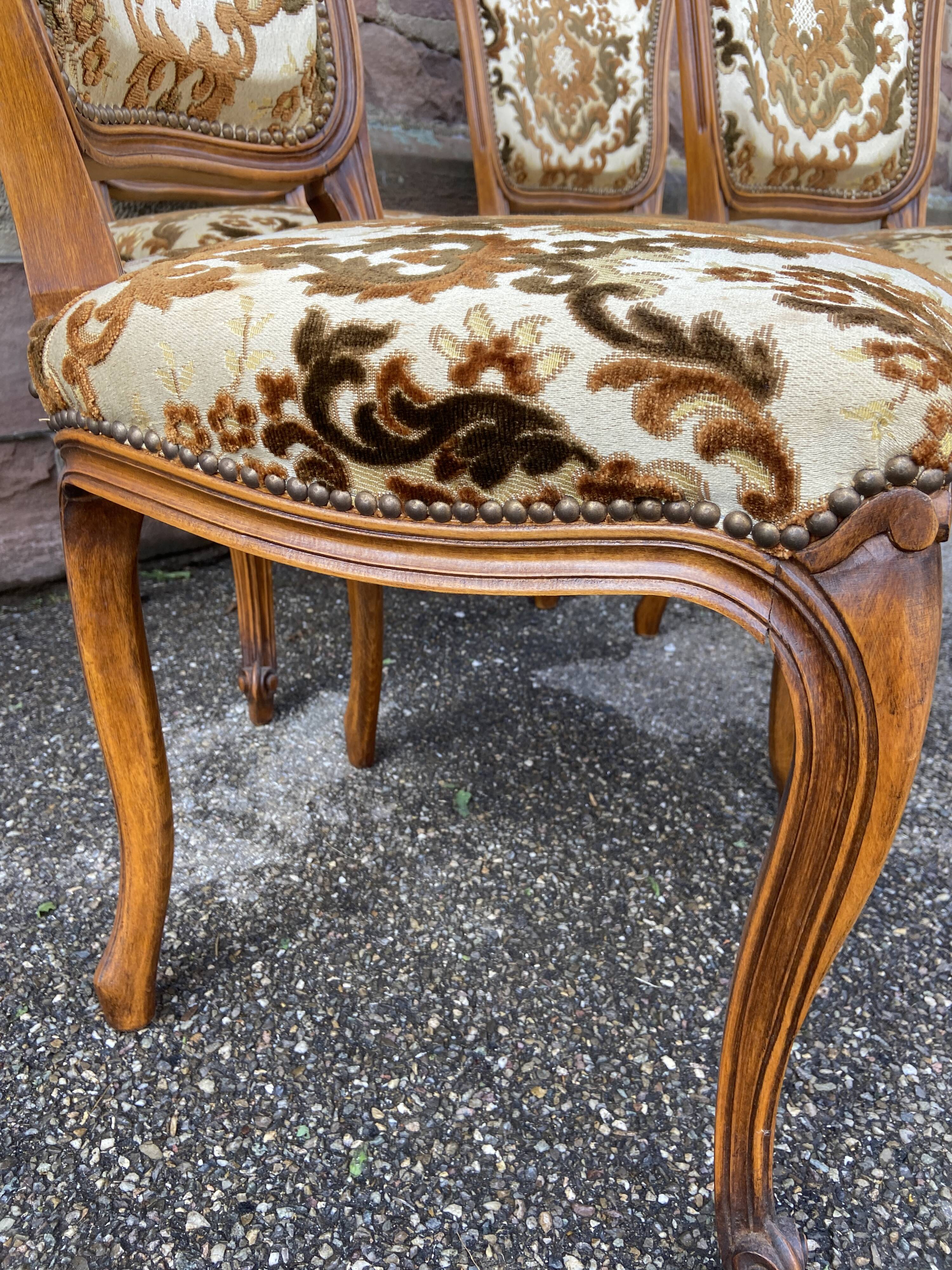 Set of 6 vintage Louis XV style French chairs, velvet upholstered, 1950s