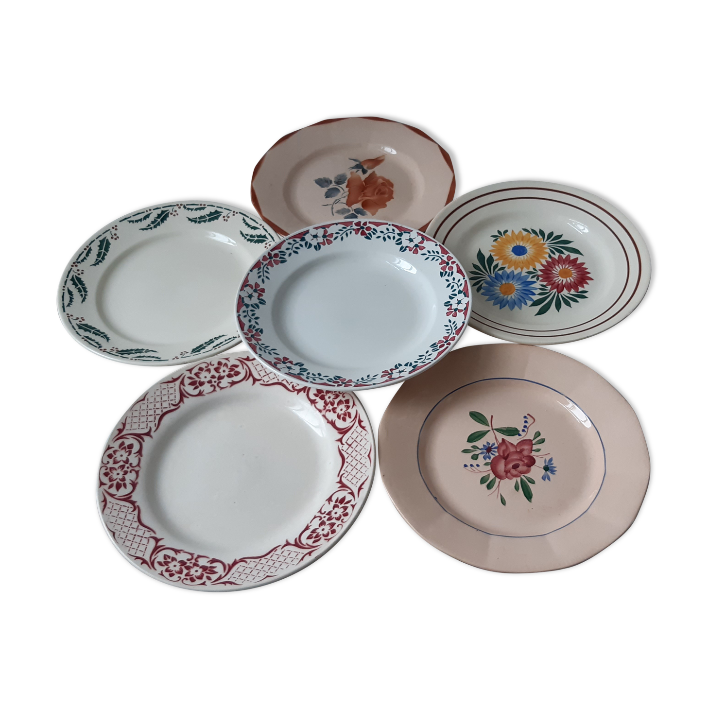 Set of 6 flat plates mismatched Digoin, Sarreguemines, Choisy le roi and Luneville