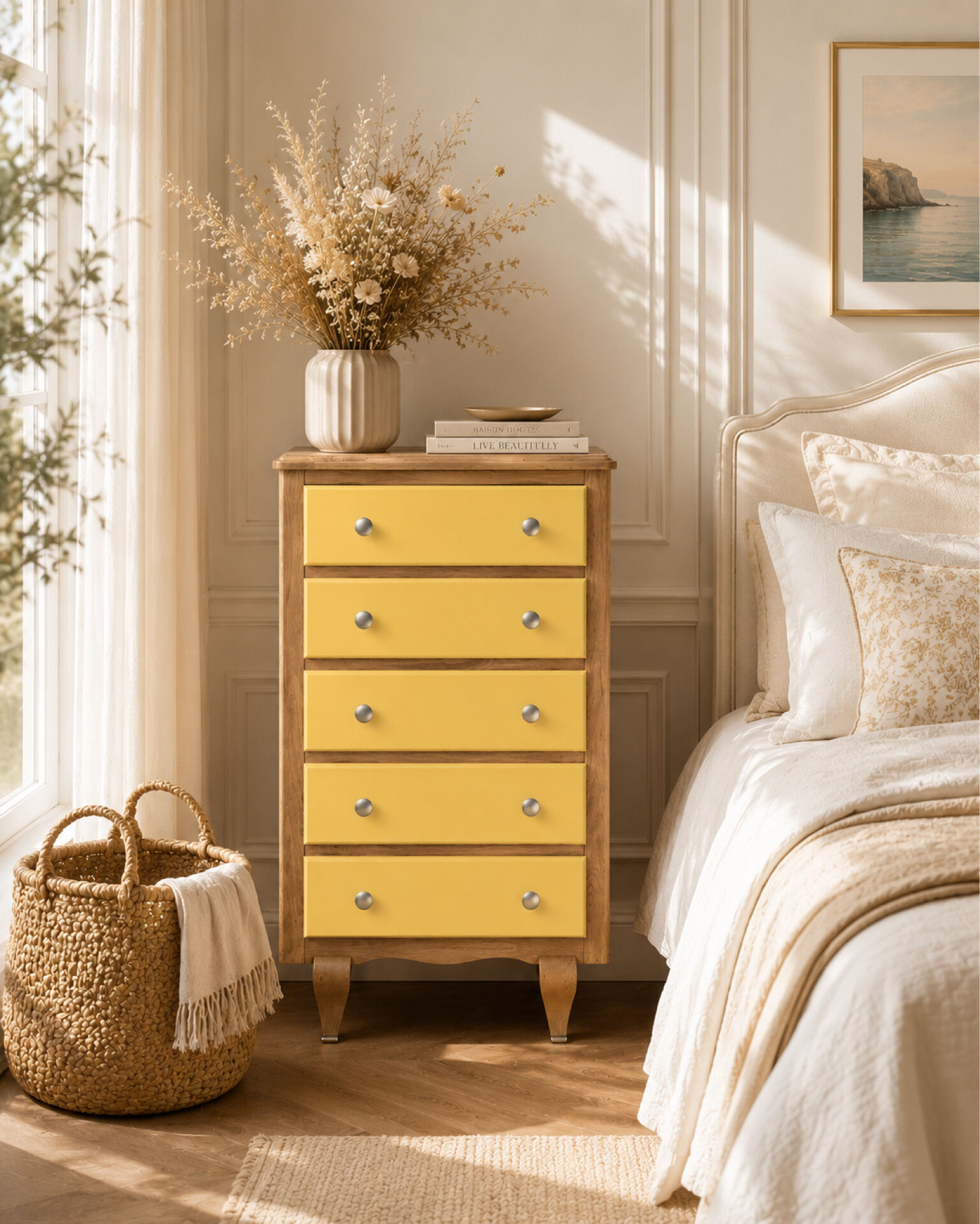 Chiffonnier art déco chêne brut et jaune