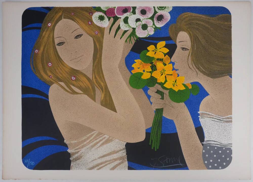 Yves Ganne: The Two Women with Bouquets, original signed lithograph