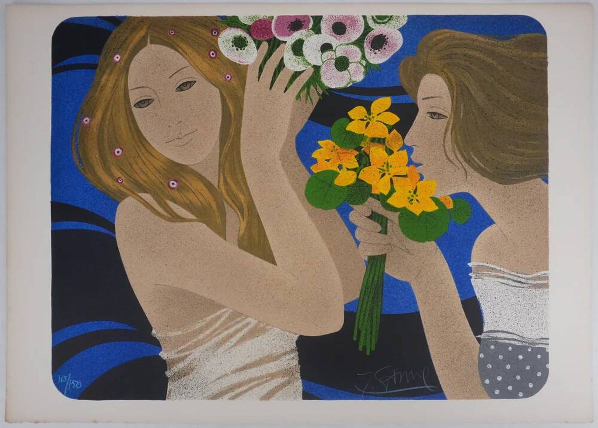 Yves Ganne: The Two Women with Bouquets, original signed lithograph