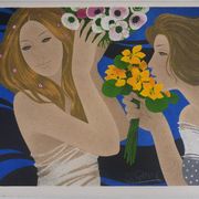Yves Ganne: The Two Women with Bouquets, original signed lithograph