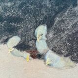 Black hen and her chicks, pastel on paper signed Hélène Rivière
