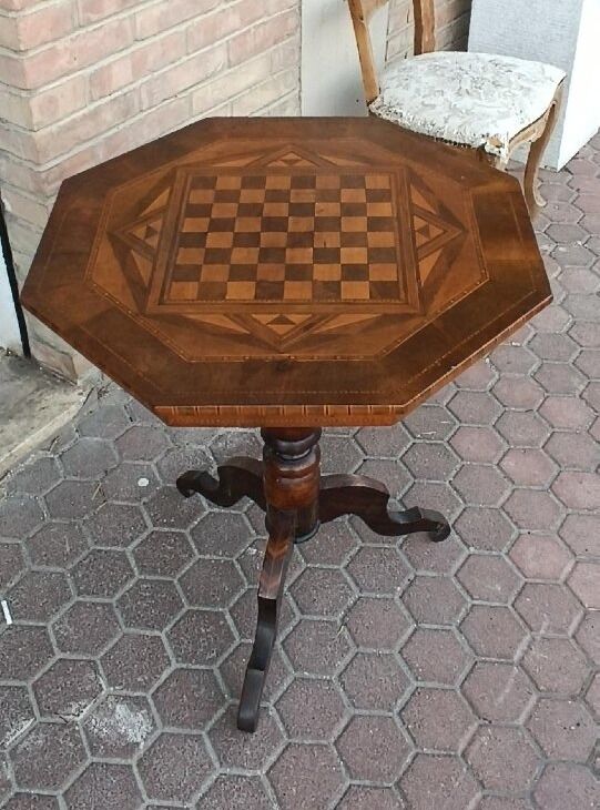 Table ancienne incrustée, jeu de dames, jeu d'échecs, Italie du XIXe siècle