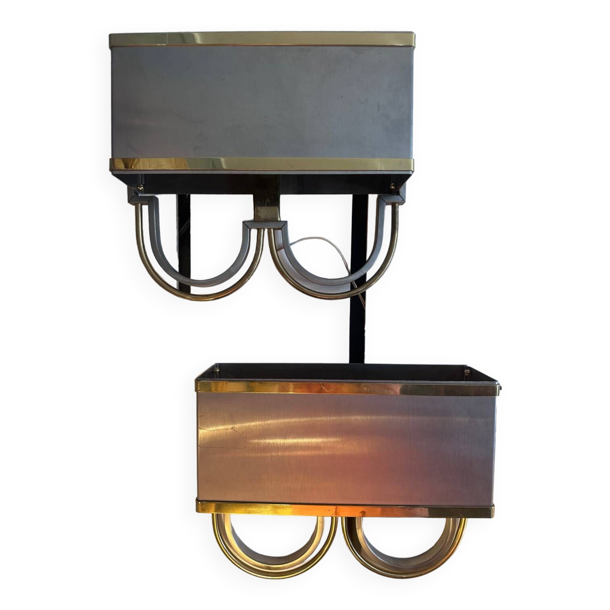 Pair of stainless steel and brass wall lights