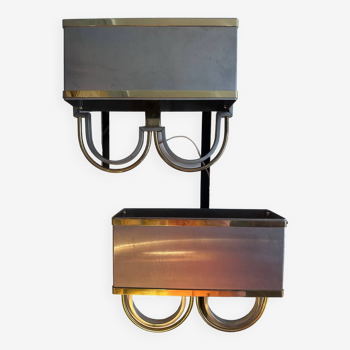 Pair of stainless steel and brass wall lights