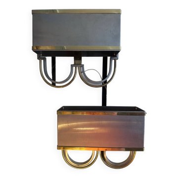 Pair of stainless steel and brass wall lights
