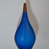 Holmegaard pendant lamp large model in blue blown glass and teak, Denmark, Poulsen