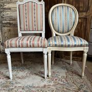 Pair of Louis XVI style chairs in painted wood and satin, classic elegance.