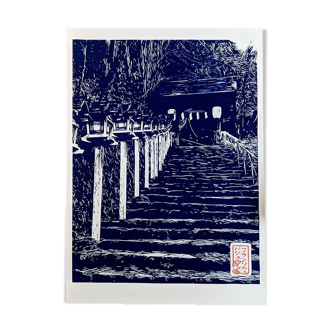 Linogravure japonaise de la vallée de Kurama en Bleu de prusse : 100% fait main, certifiée et signée