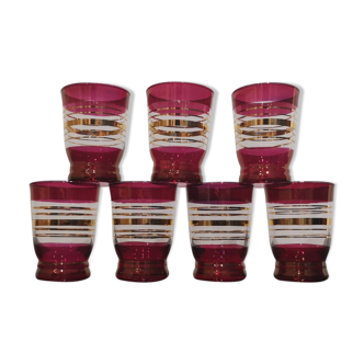Set of 7 vintage aperitif glasses raspberry colors bordered gold 50's