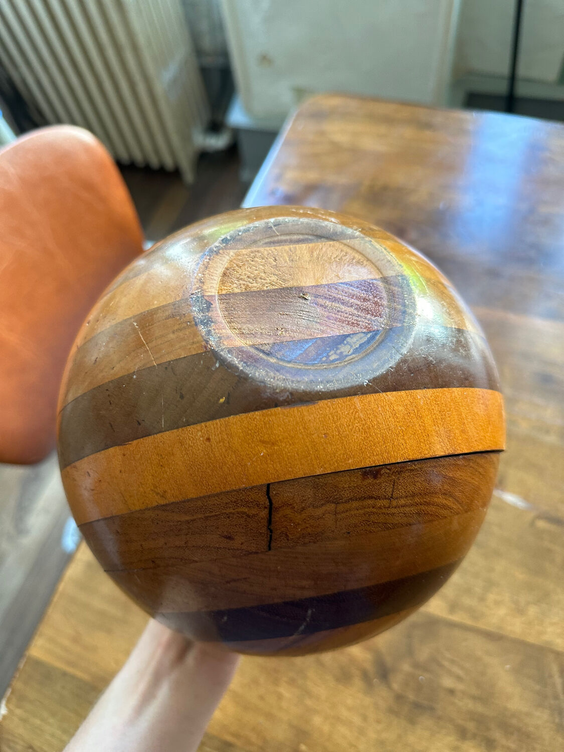 Large round wooden candle holder inlaid