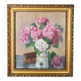 20th century still life watercolor bouquet of hydrangeas in a golden frame