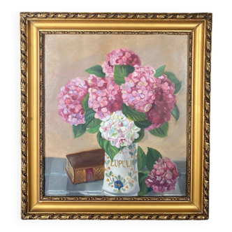 Bouquet d'hortensias aquarelle nature morte du XXe siècle dans un cadre doré