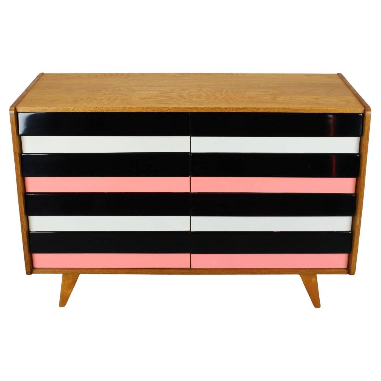 Restored 1960 chest of drawers by Jiroutek in oak with color-block drawers