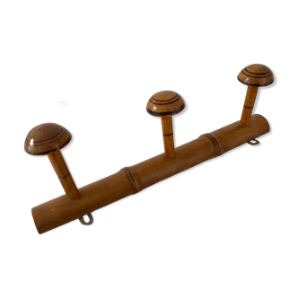 Vintage wooden wall coat rack 3 hooks bamboo rattan pattern