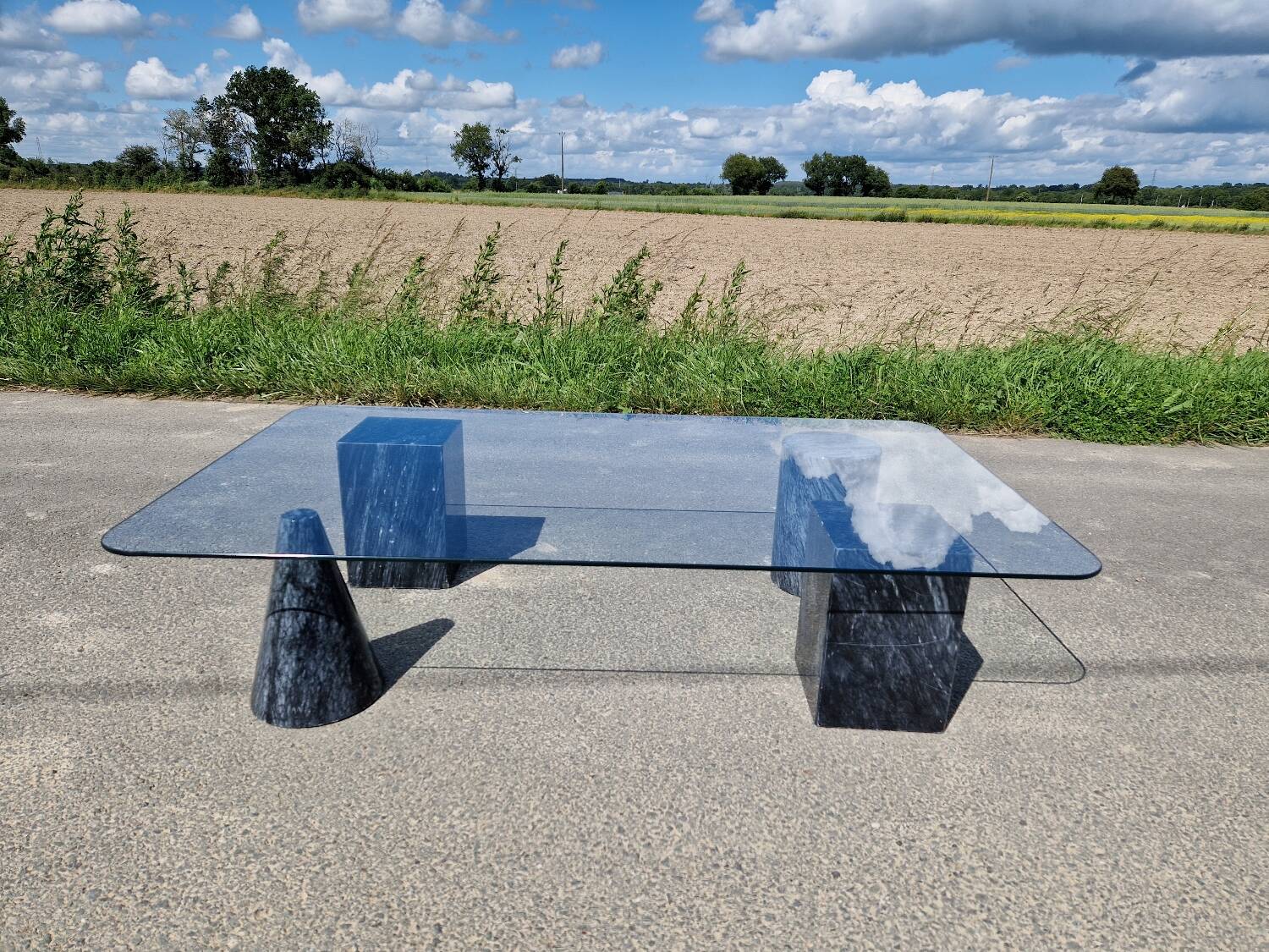 Vintage sculptural marble and glass coffee table from the 80s