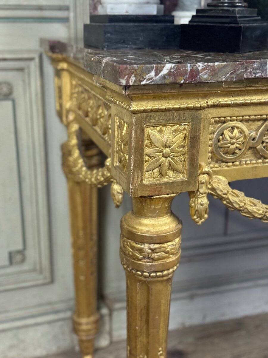 Louis XVI Console in Gilded Wood, Grey Ardennes Marble, 18th Century