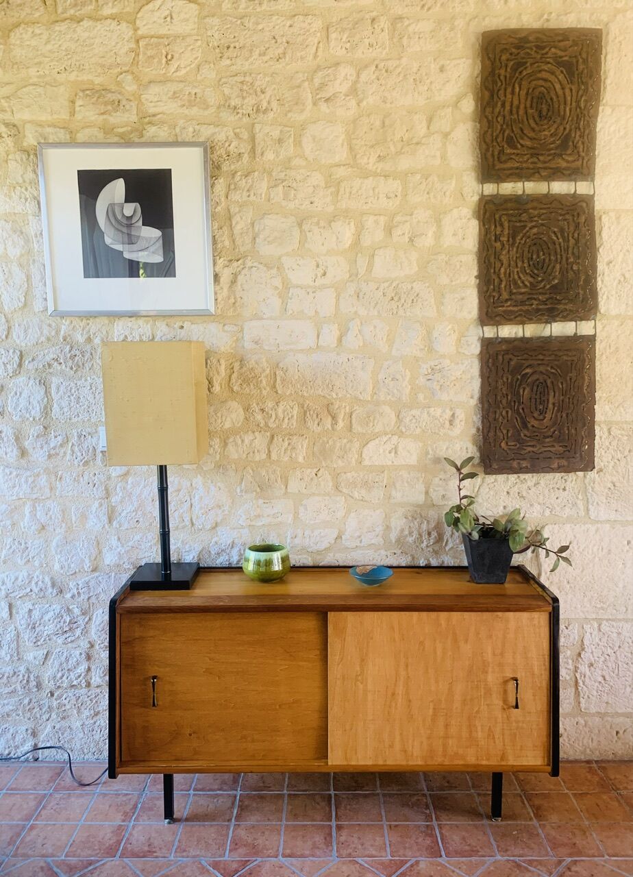 Small vintage row with sliding doors, metal legs Circa 50's