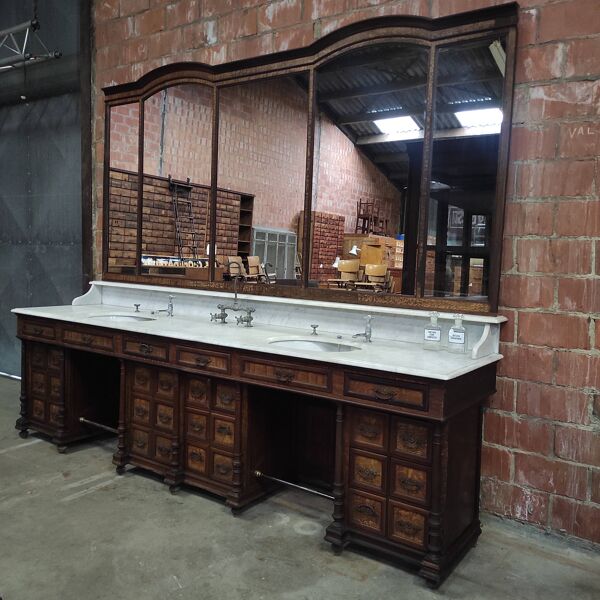 Meuble de barbier en bois, marbre et miroir, années 1930