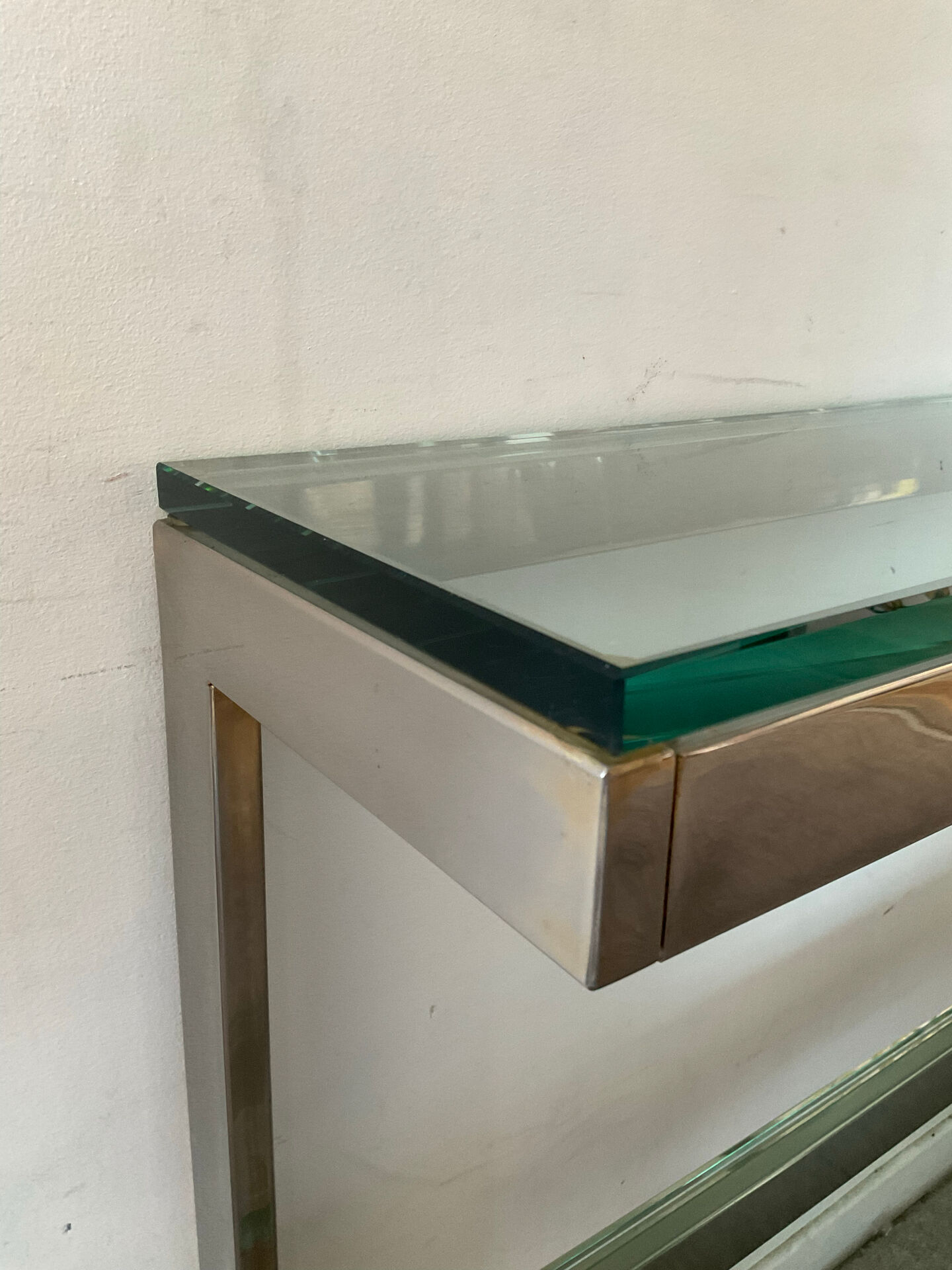 Console "G" by Belgochrom in brass and glass from the 1970s.