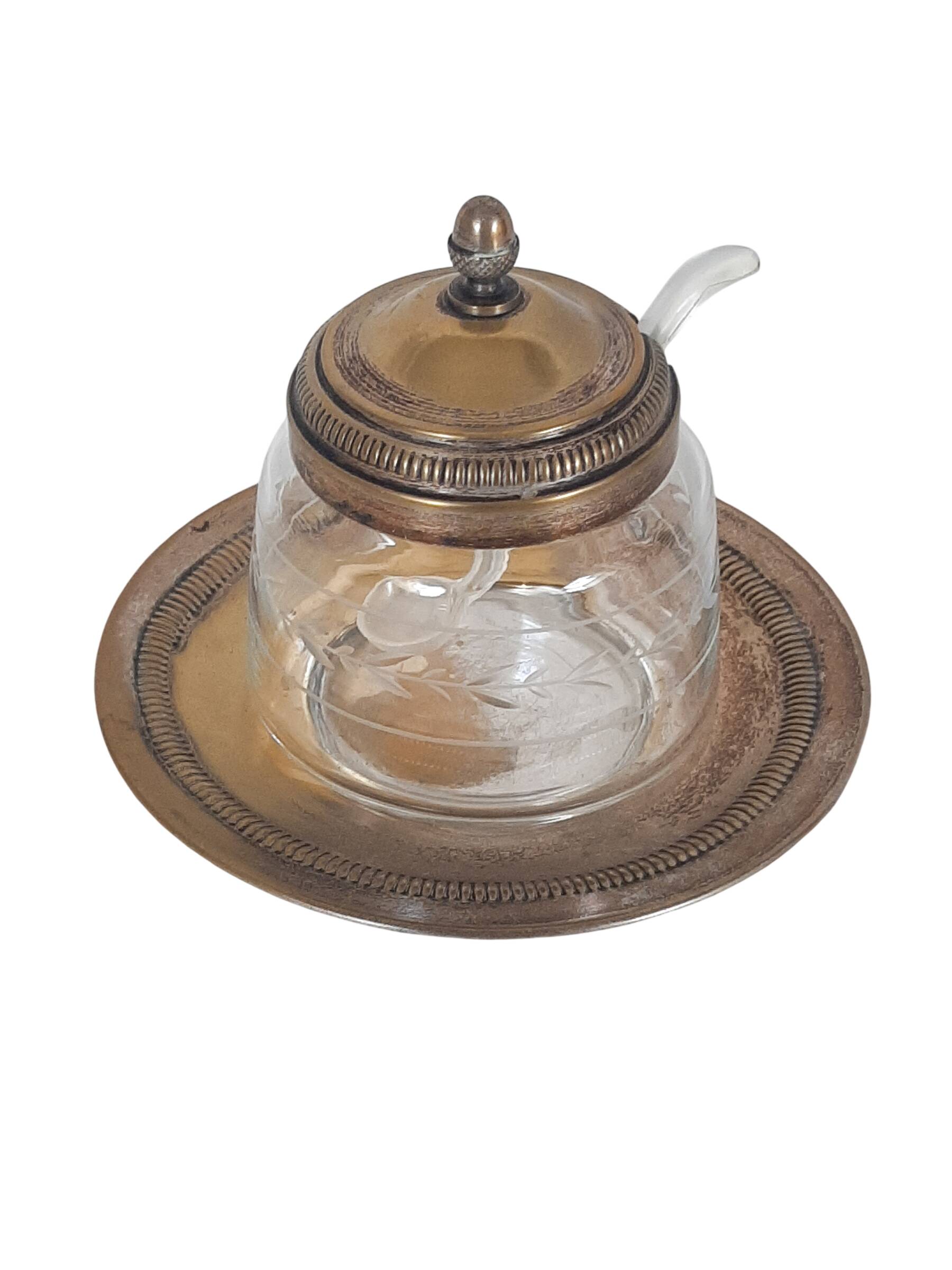 Engraved glass sugar bowl and silver-plated metal