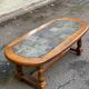 Oval coffee table in solid wood and stone, 115x58