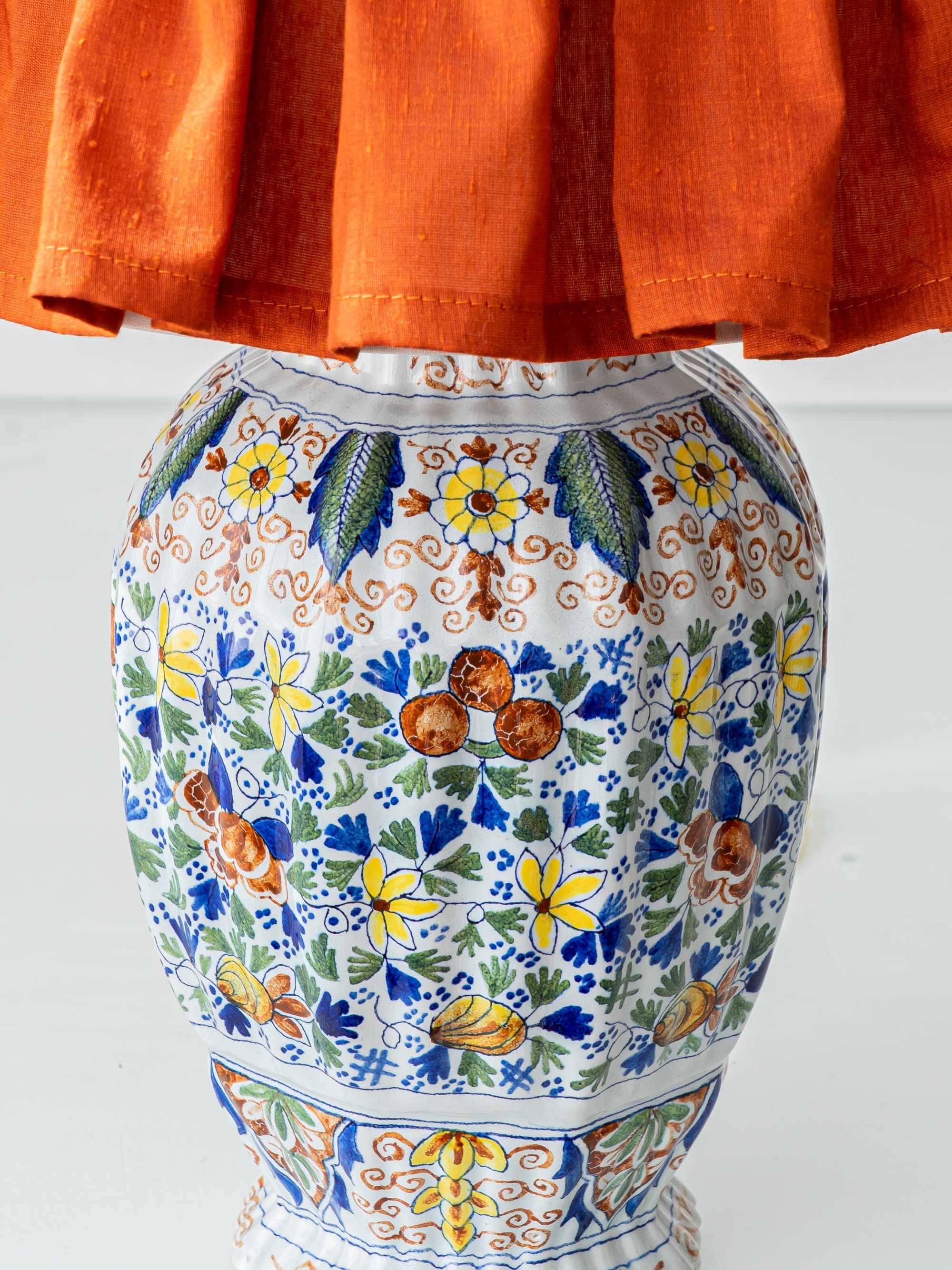 Polychrome Dutch Delft Table Lamp, Tichelaar Makkum, with New Loose Pleat Silk Shade