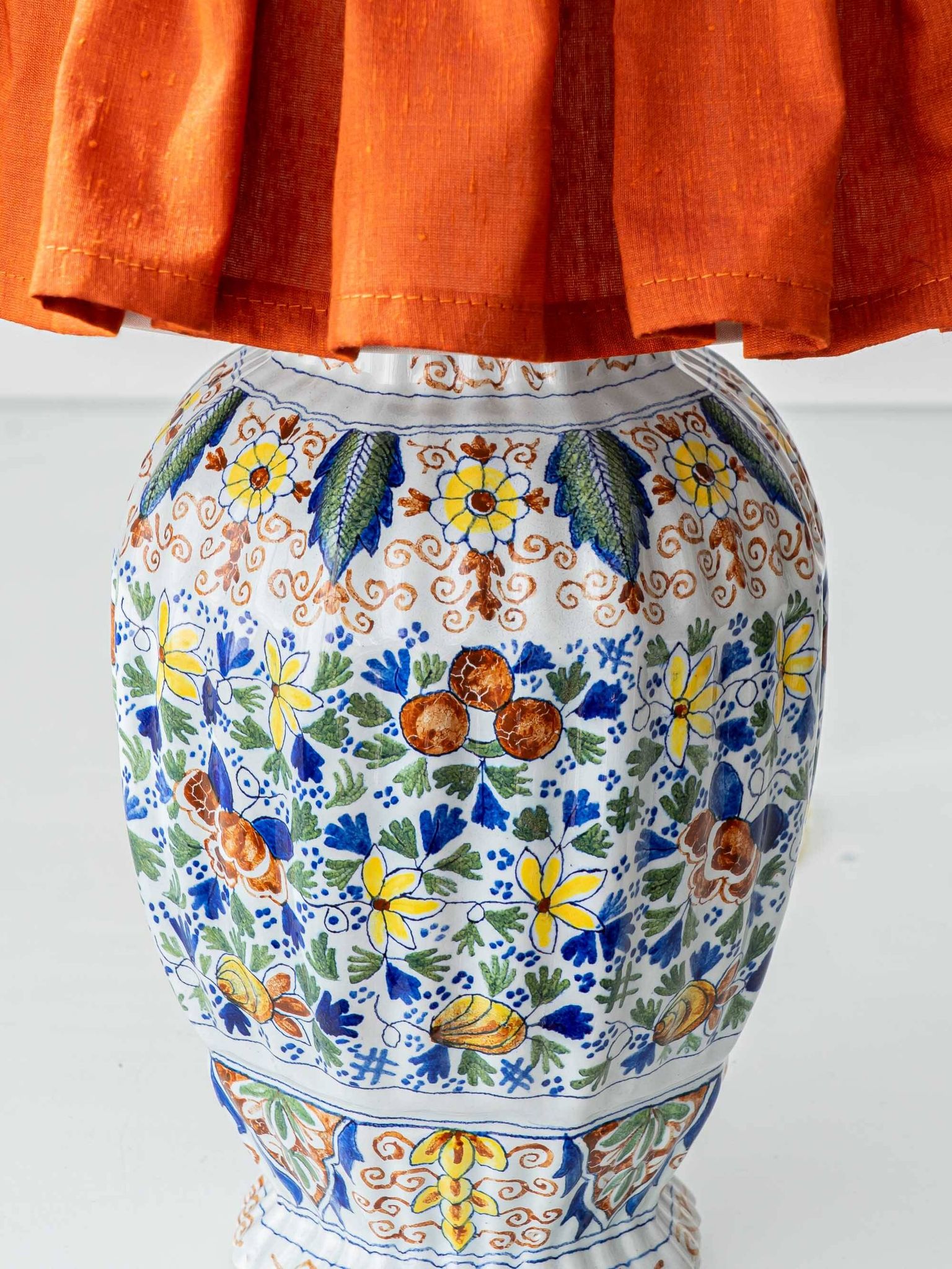 Polychrome Dutch Delft Table Lamp, Tichelaar Makkum, with New Loose Pleat Silk Shade