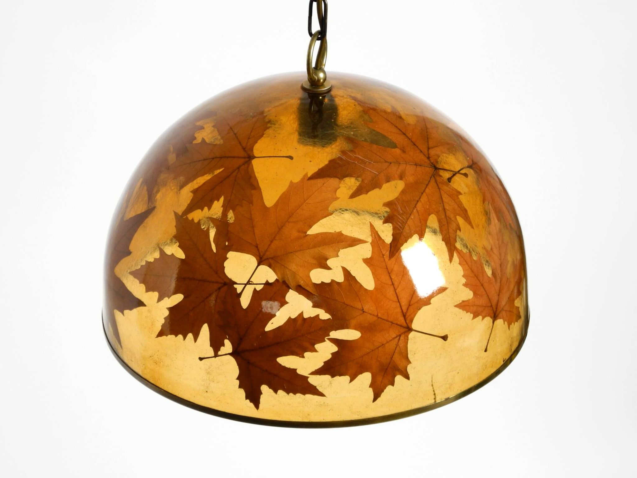 Rare, large 1970s Italian resin pendant lamp with embedded maple leaves