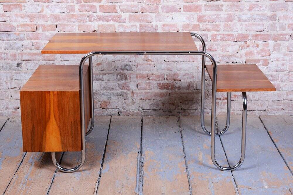Czech Bauhaus Writing Desk in Walnut and Chrome attributed to Robert Slezak for Slezak Factories, 1940s
