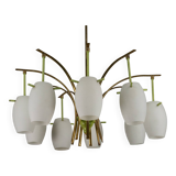 Midcentury 9-Arm Brass Chandelier with  Lacquer & Opaline Glass. Italy 1950