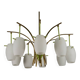 Midcentury 9-Arm Brass Chandelier with  Lacquer & Opaline Glass. Italy 1950