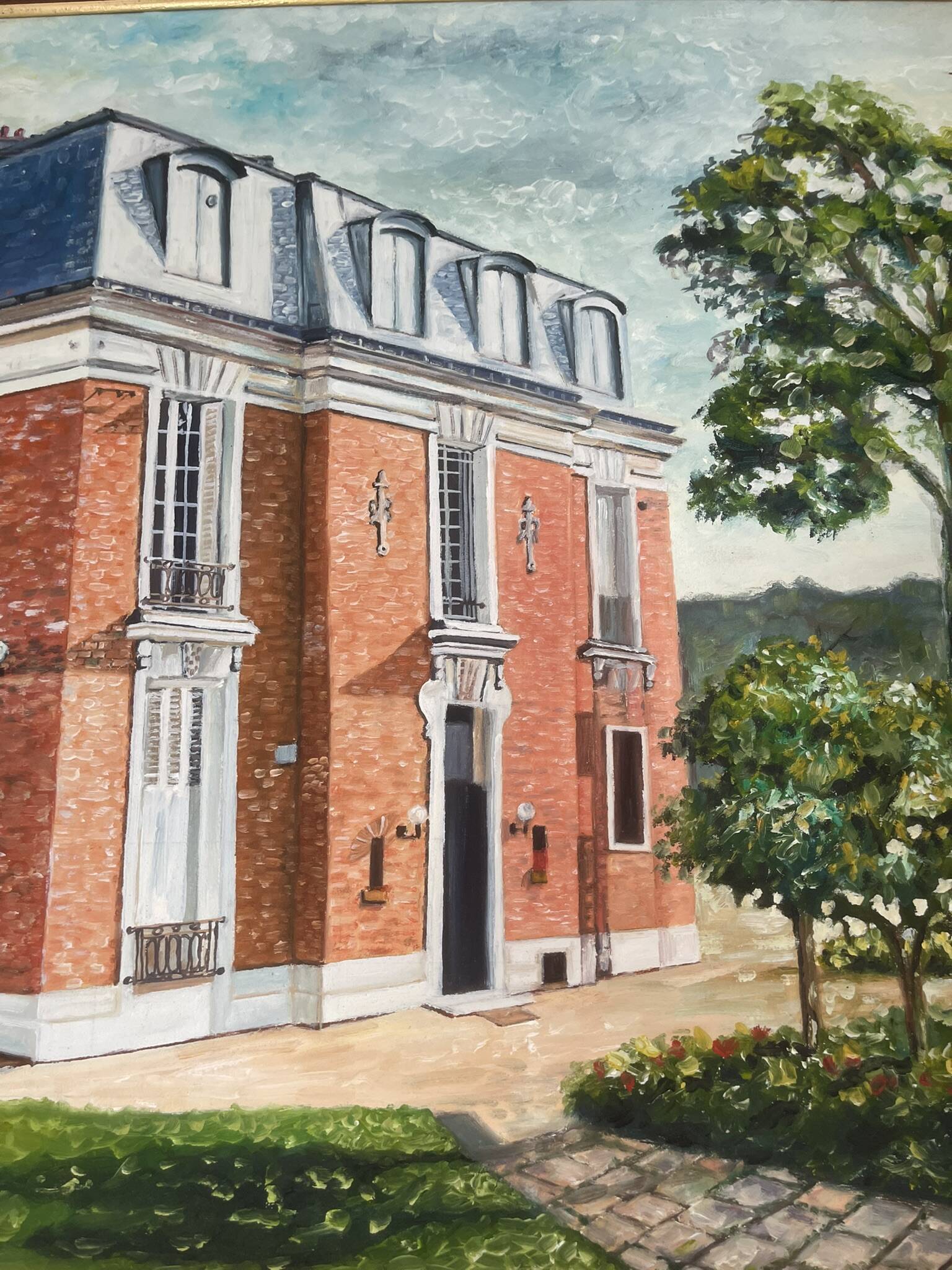 Old Oil Painting Canvas Manor Castle Holiday Home 87x62cm