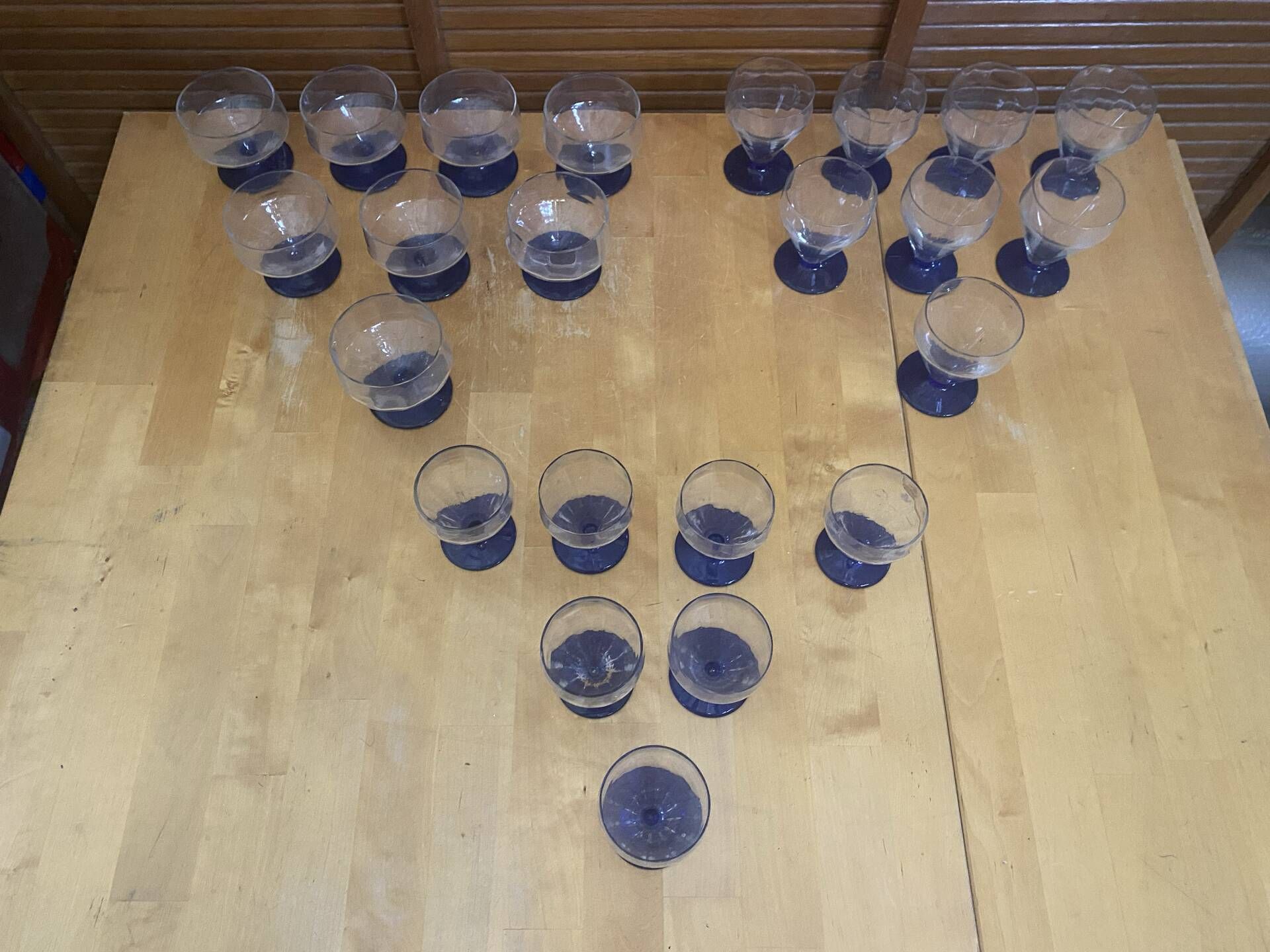 Set of 23 Stemmed Glasses Transparent Glass + Cobalt Blue Stems Vintage