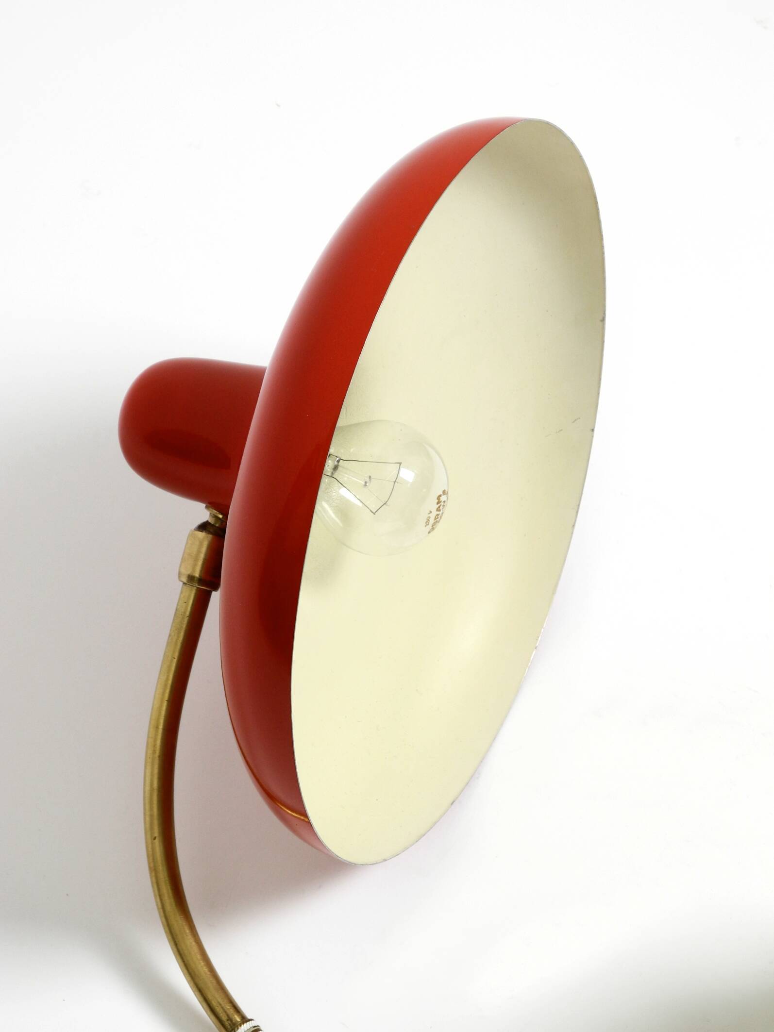 Beautiful large Mid Century Modern brass table lamp with red metal shade