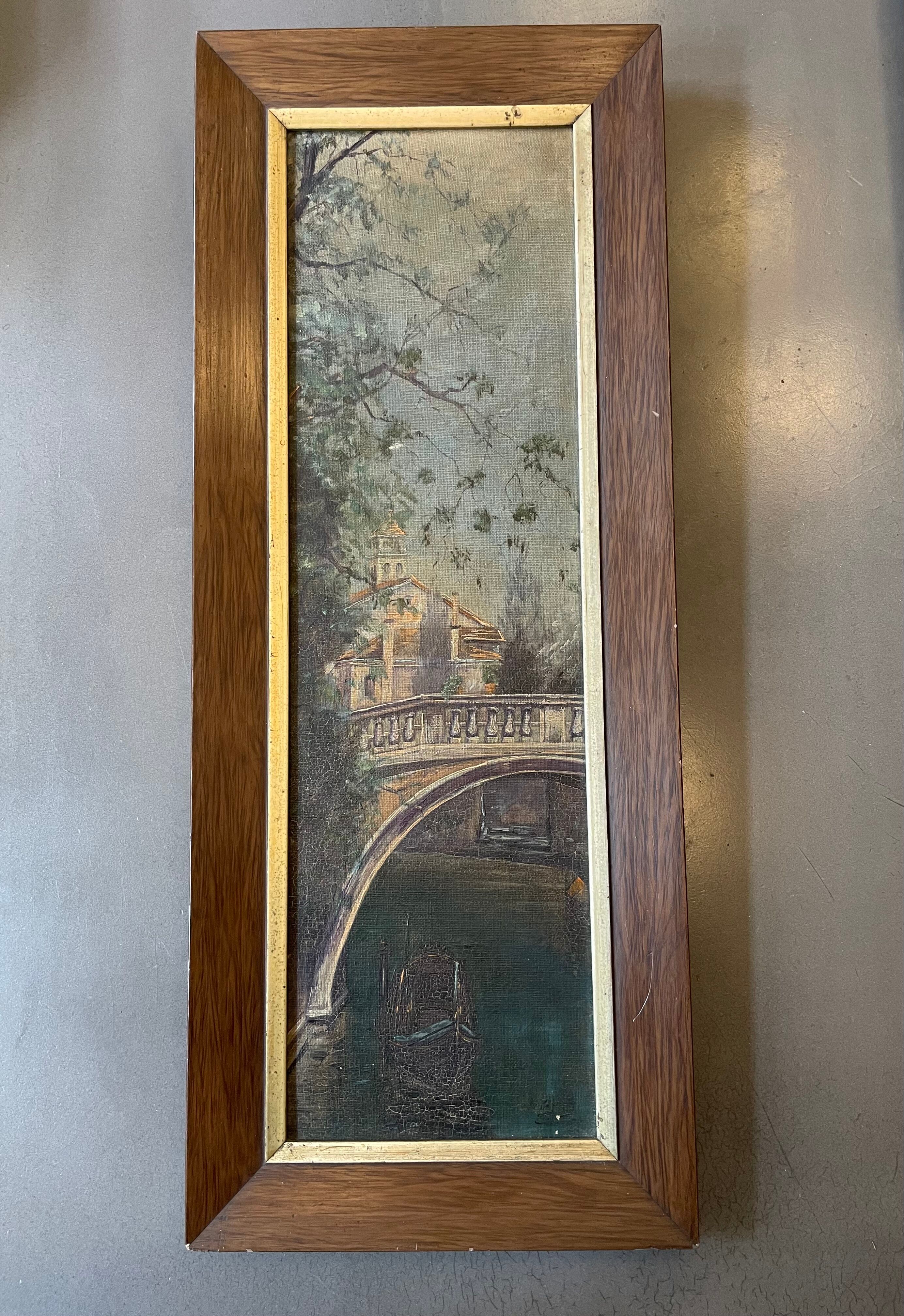 Painting ancient bridge of Venice late nineteenth century
