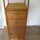 Storage column, bookcase in wood and woven rattan