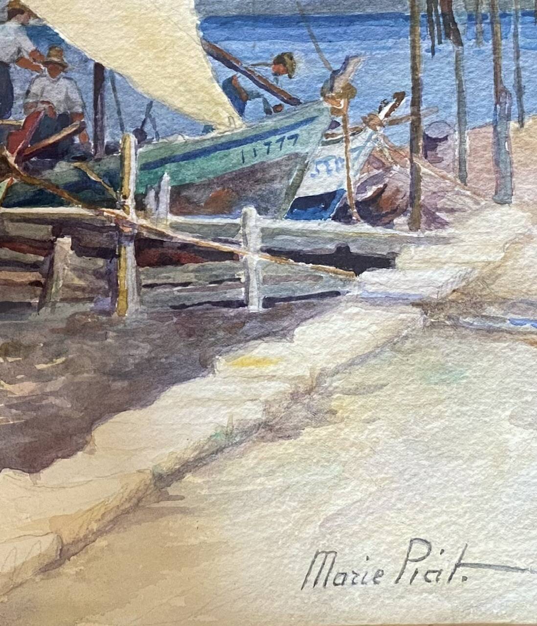 Old painting "Marine with boats" signed Marie Piat, 1930s-40s