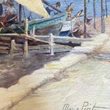Old painting "Marine with boats" signed Marie Piat, 1930s-40s