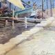Old painting "Marine with boats" signed Marie Piat, 1930s-40s