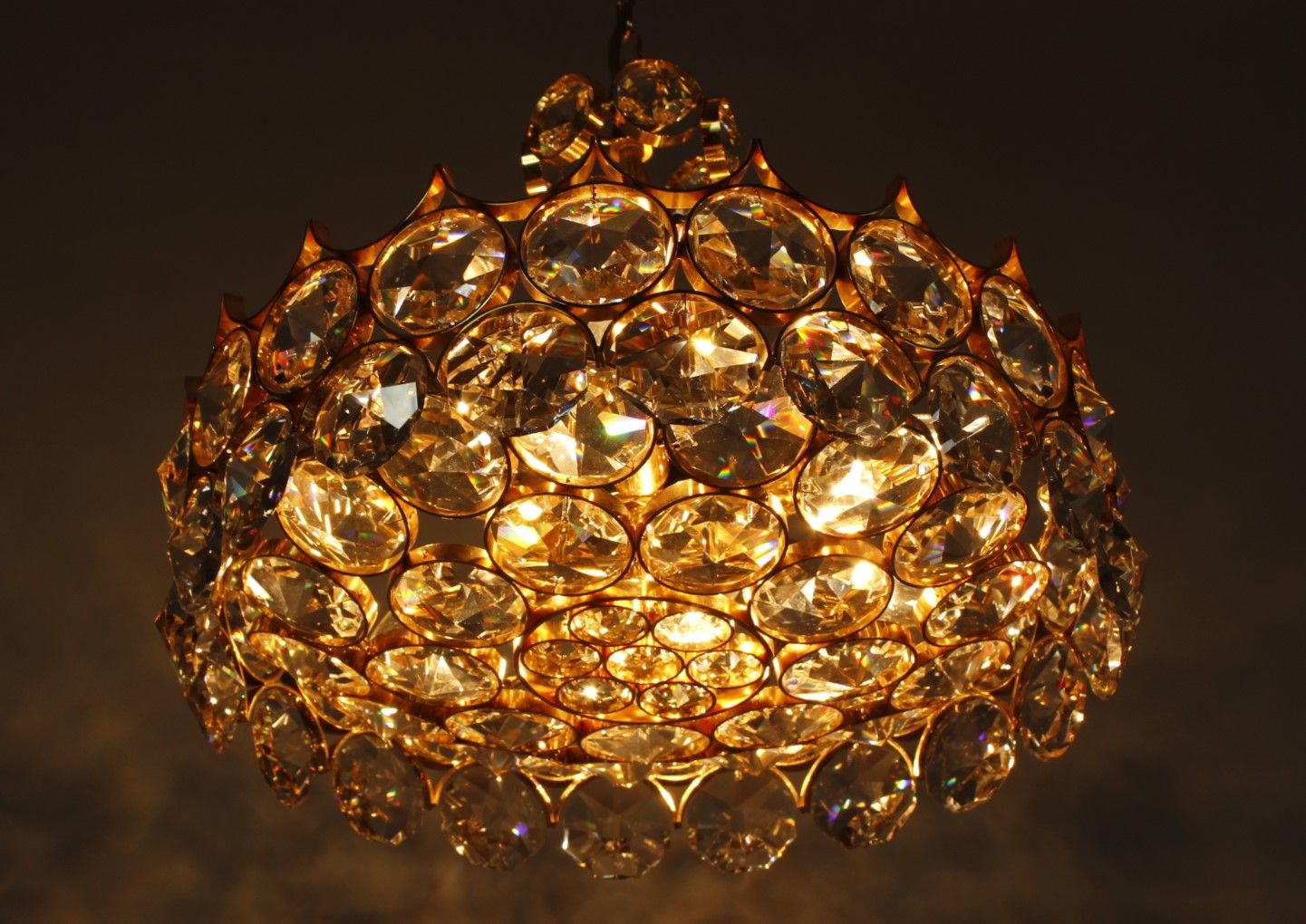 1970s Palwa Chandelier, gold plate and faceted crystals