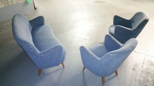 Set canapé et 2 fauteuils vintage années 50/60 organique vintage tissus original