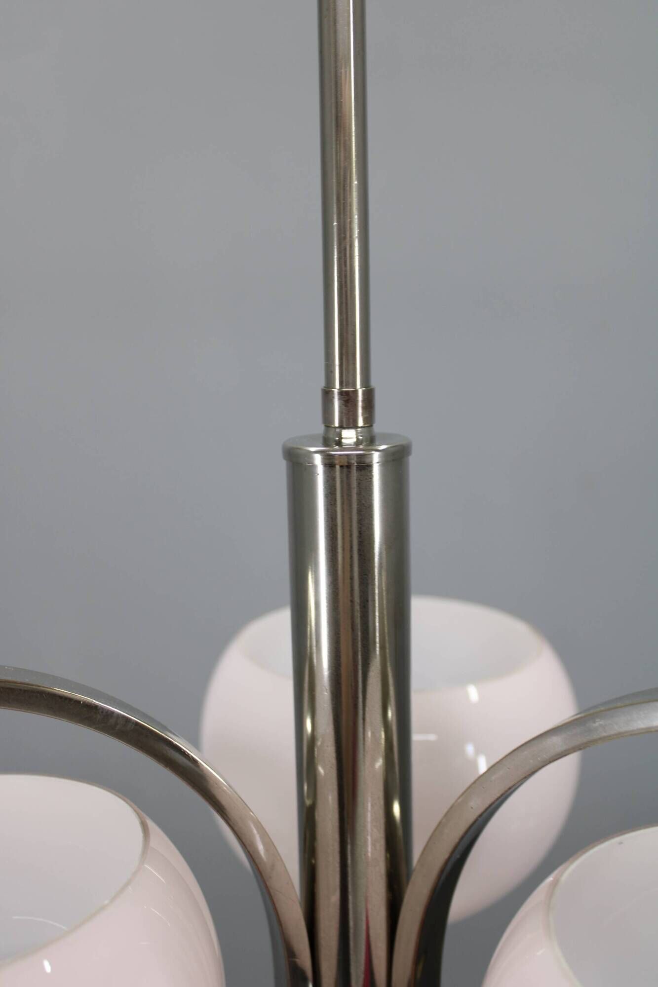 Art Deco nickel chandelier with light-pink opaline shades, Czechoslovakia, 1930s