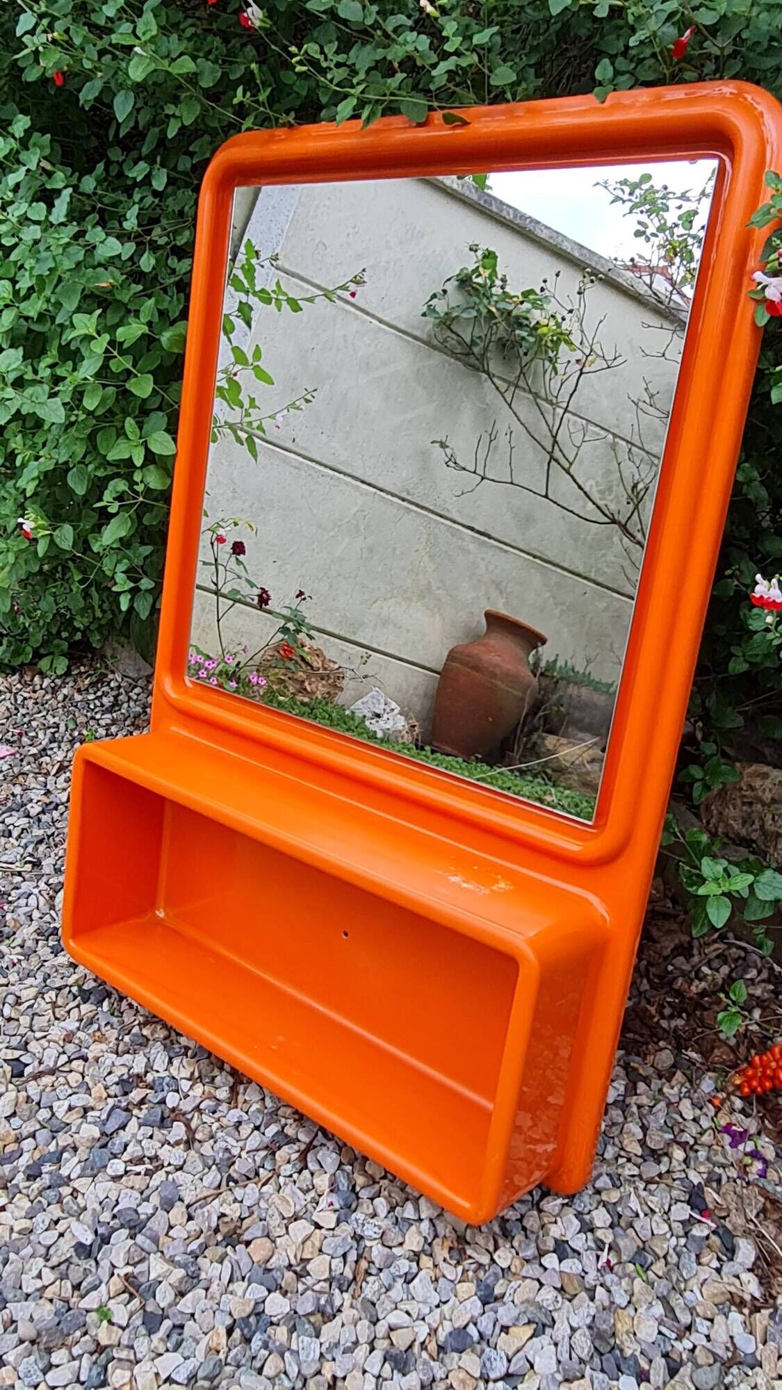 Vintage orange sixties molded plastic shelf mirror no shipping