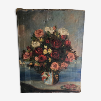 Huile sur toile ancienne Bouquet de fleurs
